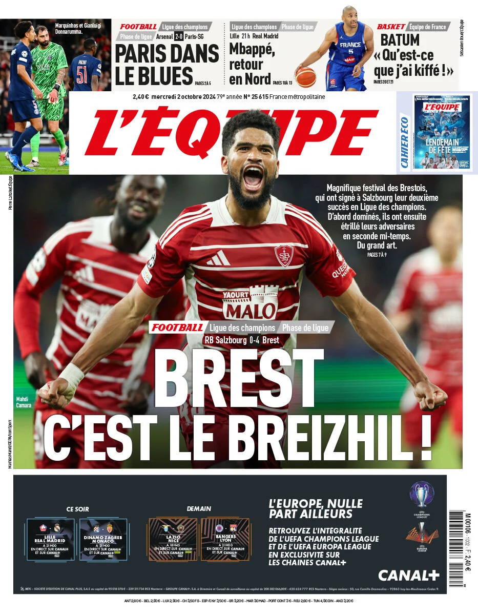 anteprima della prima pagina di lequipe del 01/10/2024