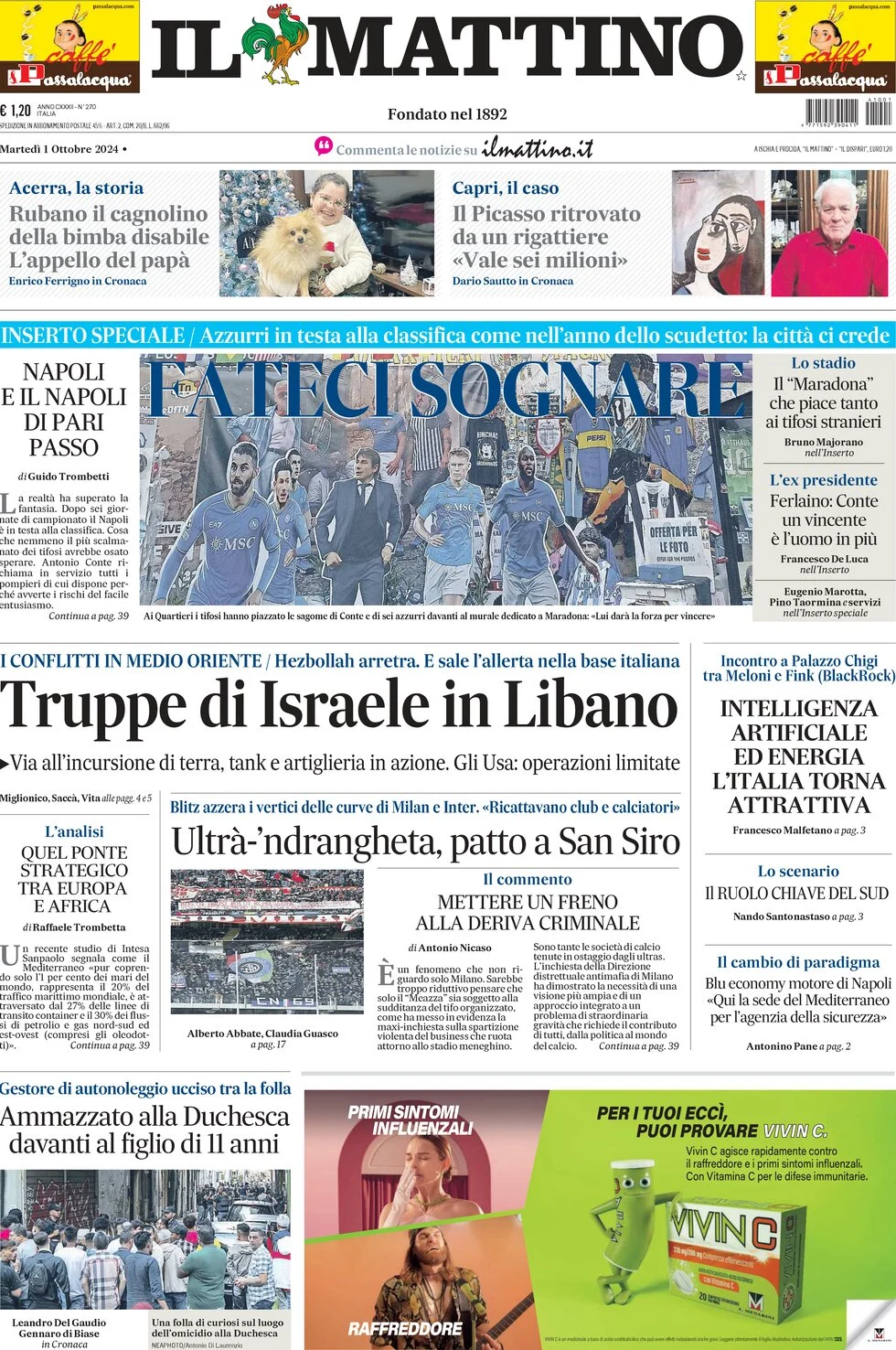 anteprima della prima pagina di il-mattino del 01/10/2024