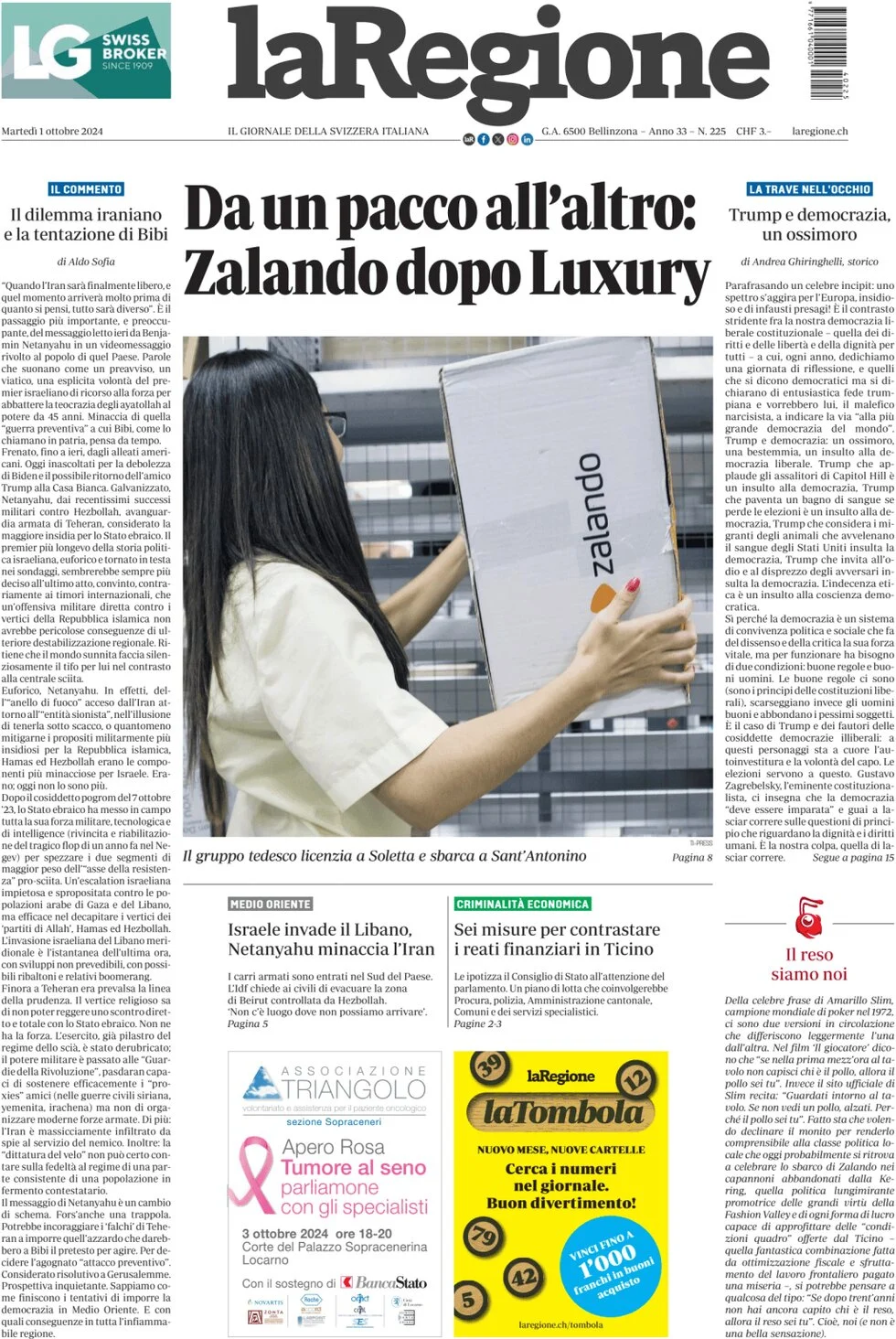 anteprima della prima pagina di la-regione del 01/10/2024