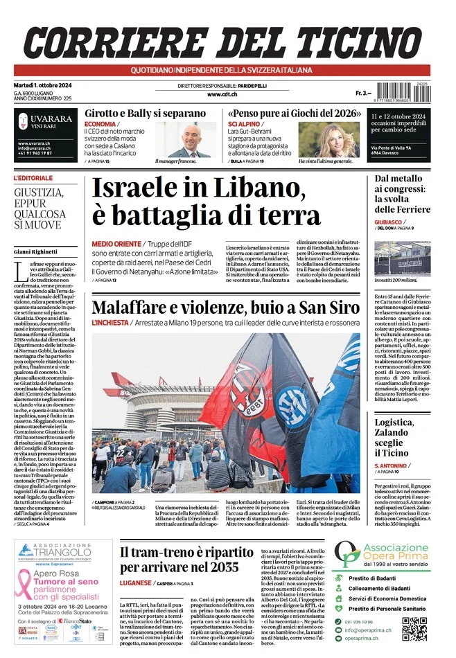 anteprima della prima pagina di corriere-del-ticino del 01/10/2024