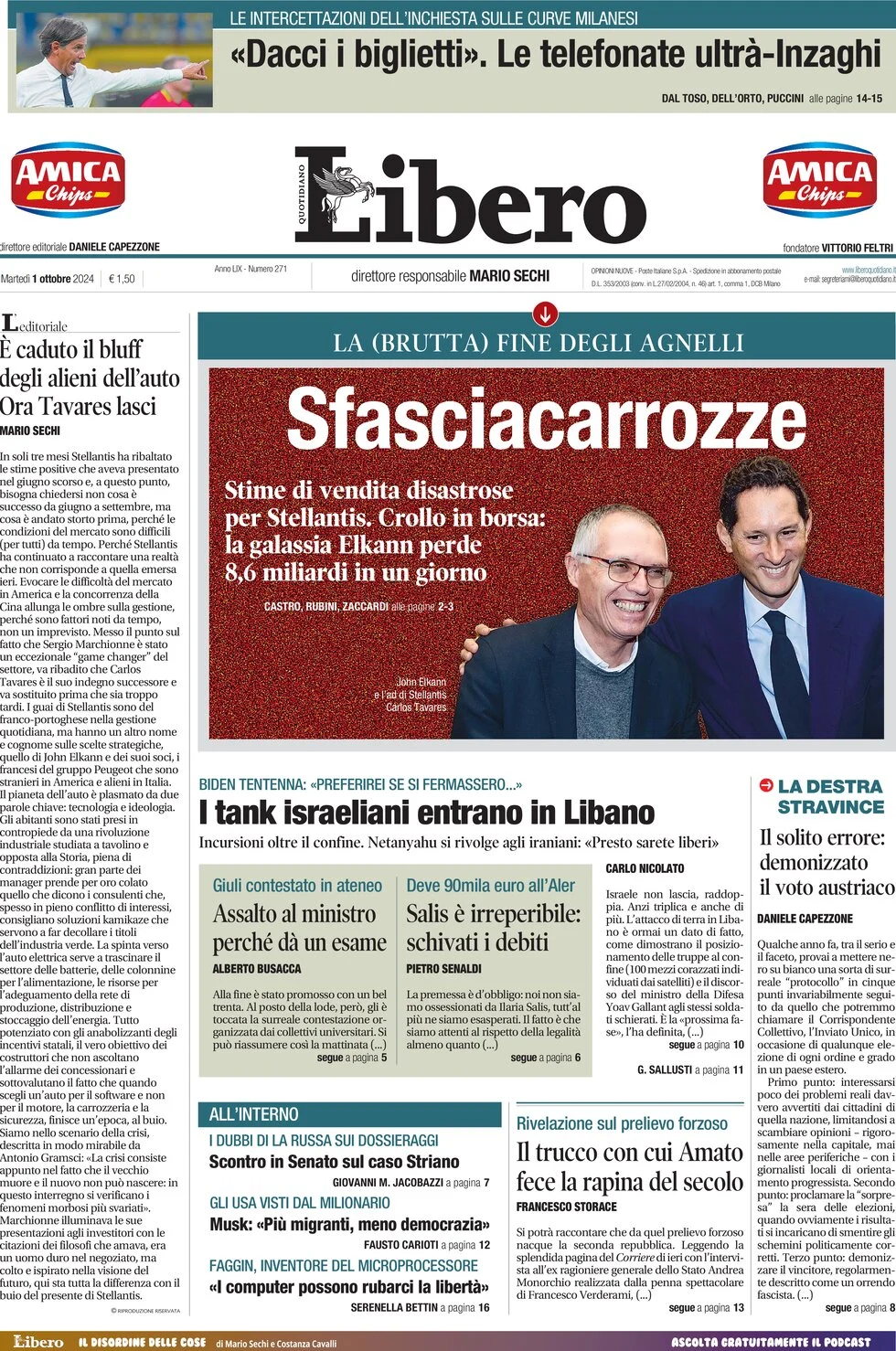 anteprima della prima pagina di libero-quotidiano del 01/10/2024