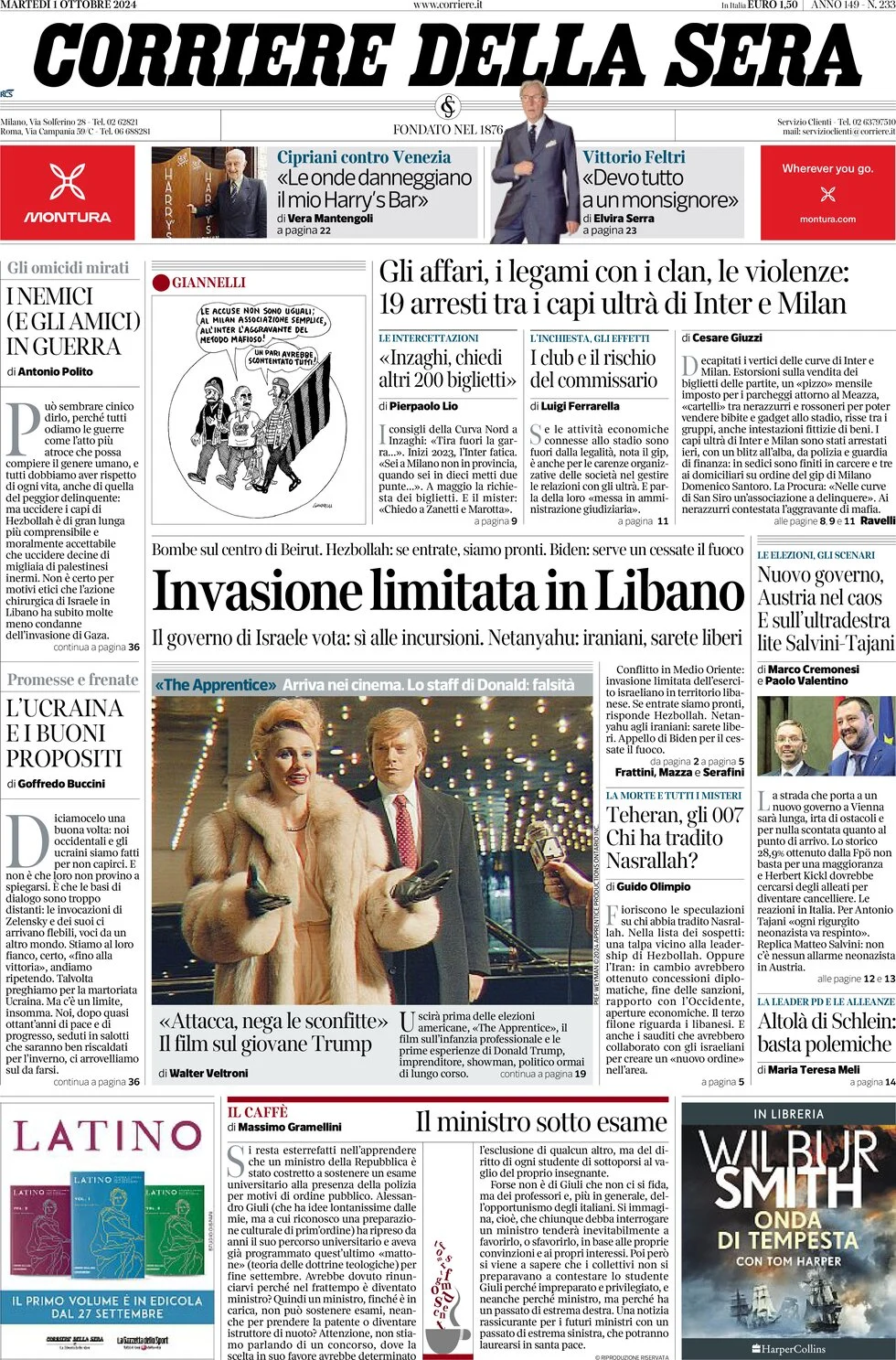 anteprima della prima pagina di corriere-della-sera del 01/10/2024