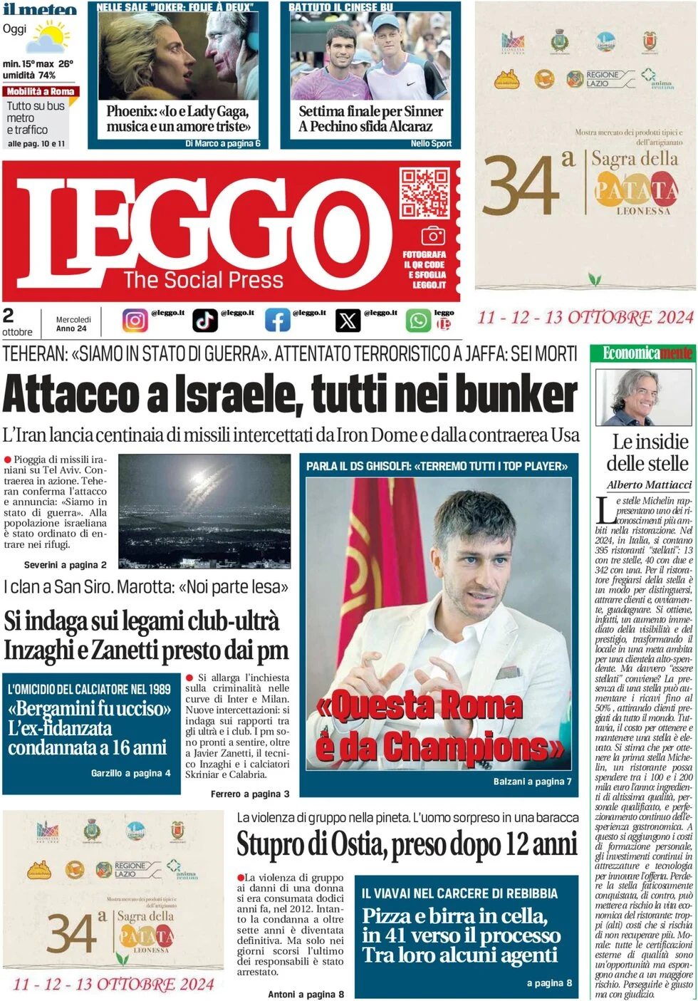 anteprima della prima pagina di leggo-roma del 02/10/2024