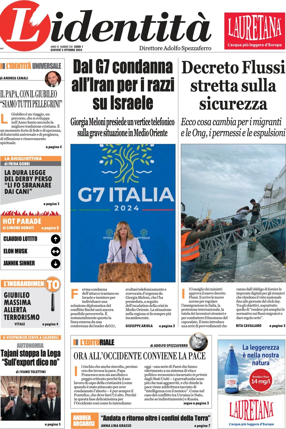 anteprima della prima pagina di lidentit del 02/10/2024