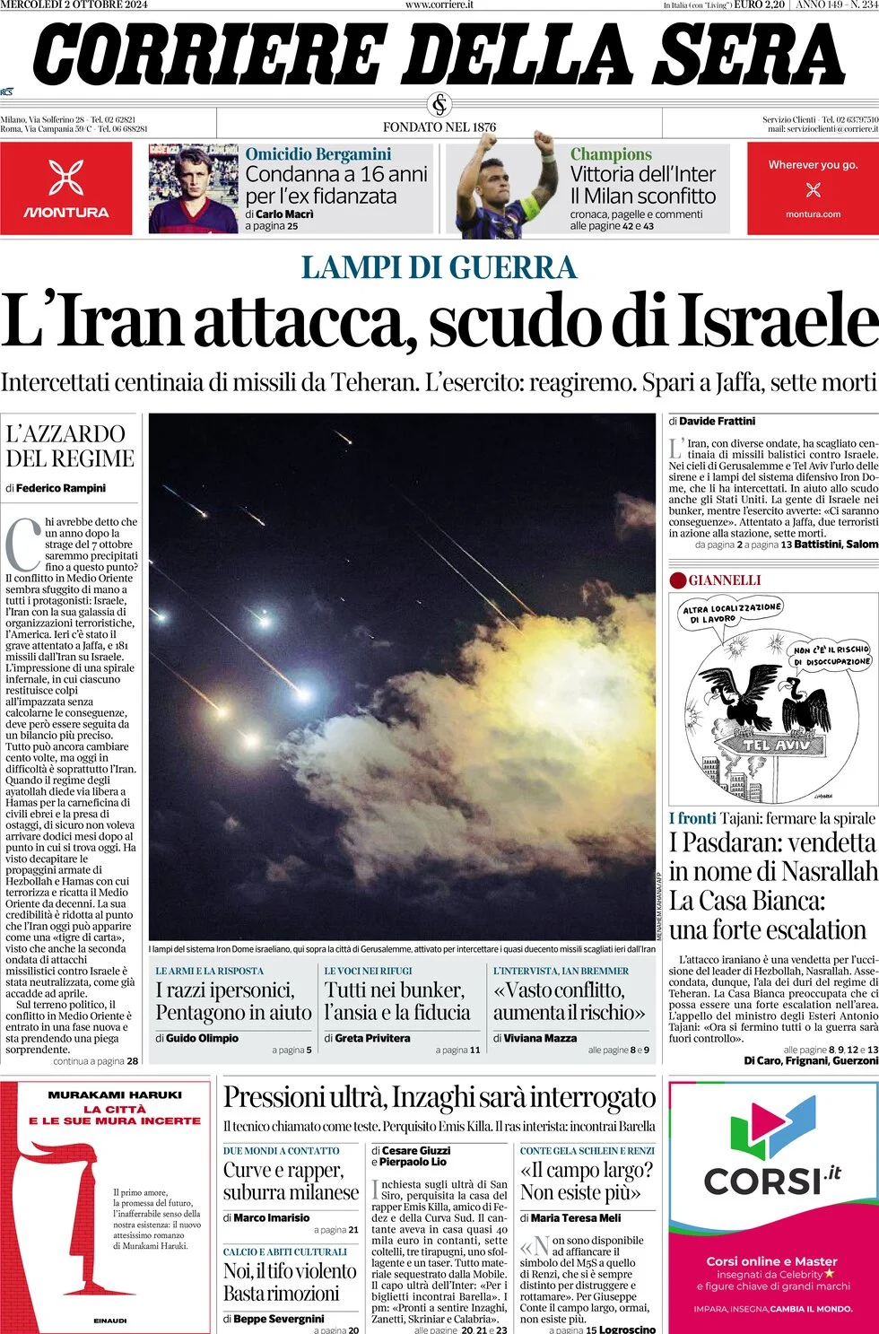 anteprima della prima pagina di corriere-della-sera del 02/10/2024