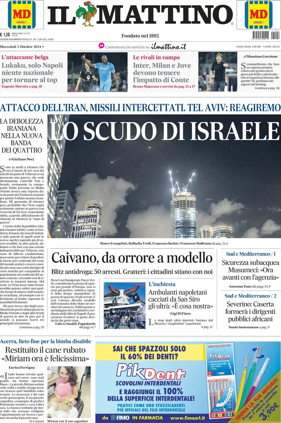 anteprima della prima pagina di il-mattino del 02/10/2024