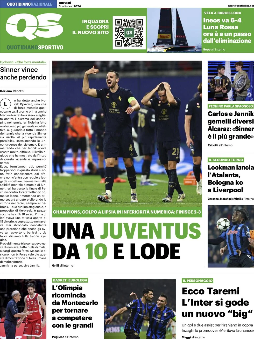 anteprima della prima pagina di qs-quotidiano-sportivo del 03/10/2024