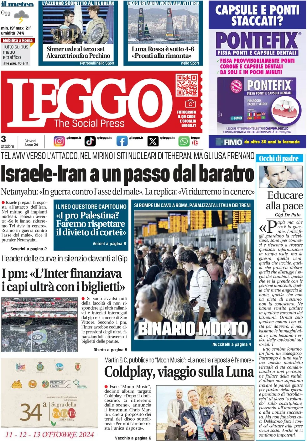 anteprima della prima pagina di leggo-roma del 03/10/2024