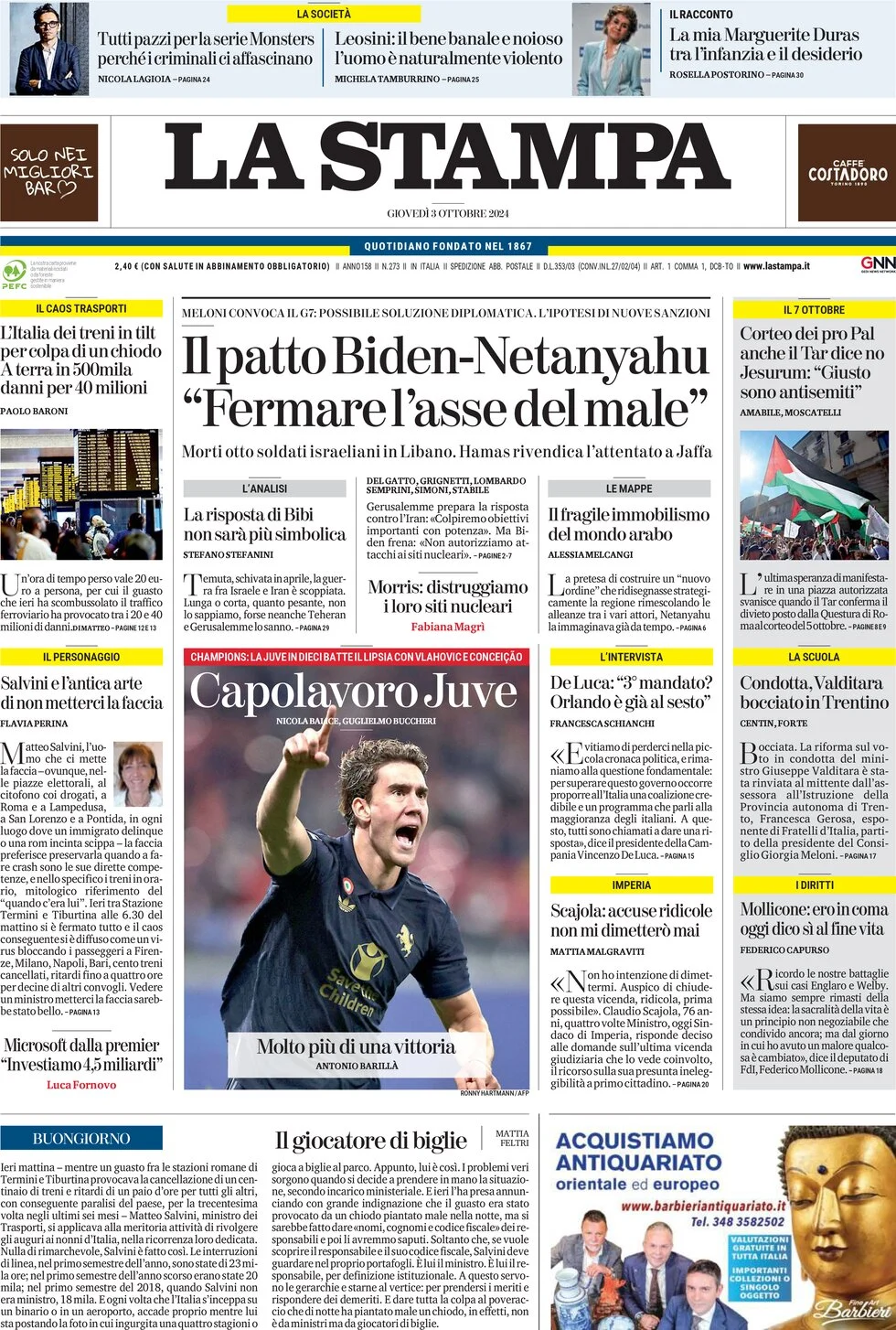 anteprima della prima pagina di la-stampa del 03/10/2024