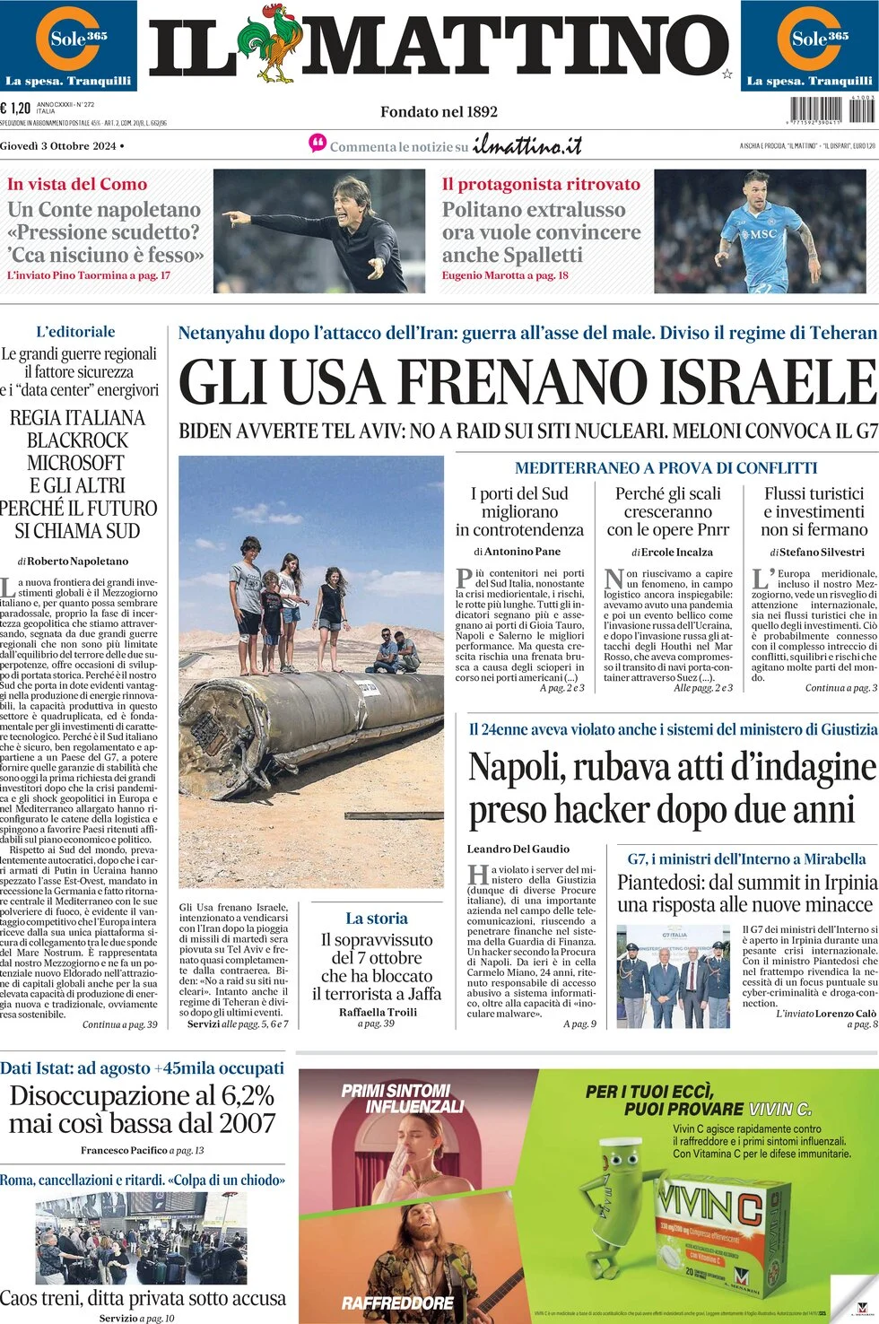 anteprima della prima pagina di il-mattino del 03/10/2024