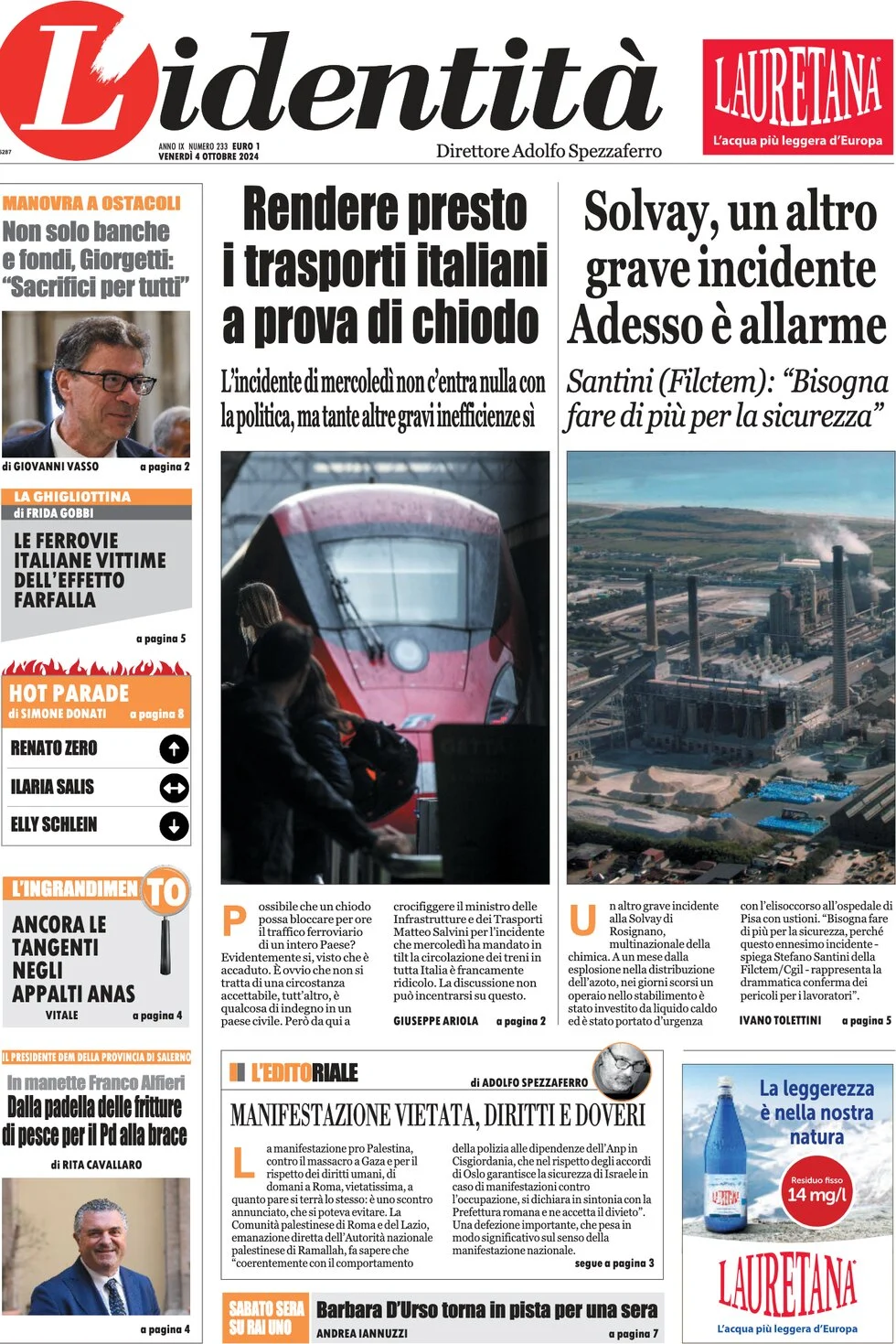 anteprima della prima pagina di lidentit del 03/10/2024
