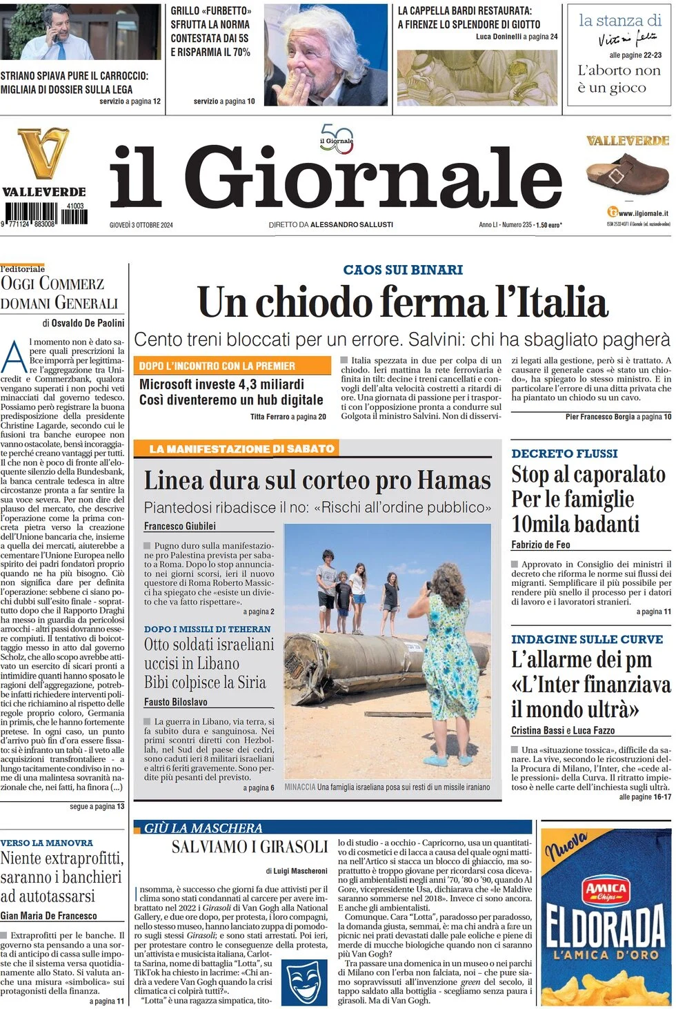 anteprima della prima pagina di il-giornale del 03/10/2024