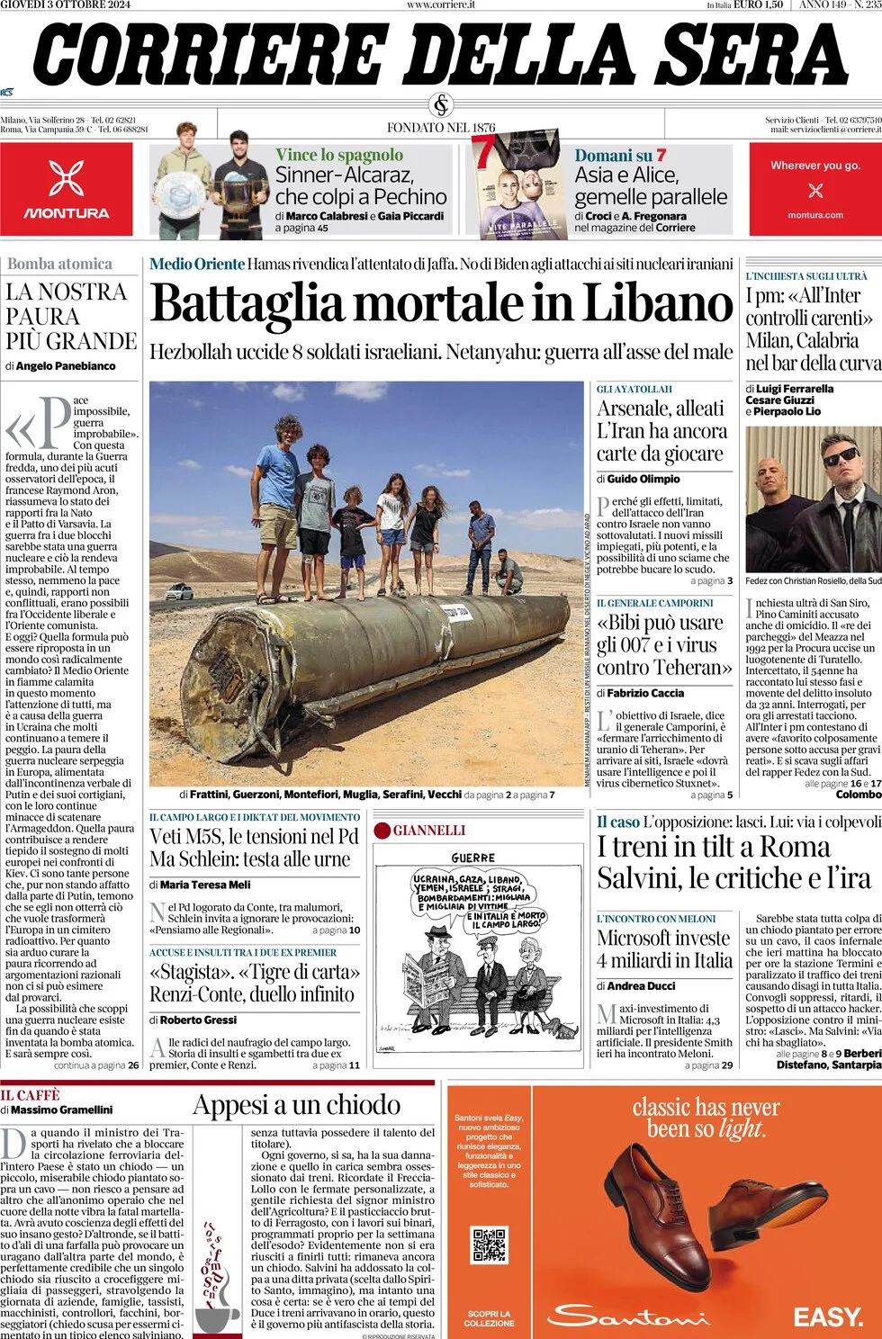 anteprima della prima pagina di corriere-della-sera del 03/10/2024