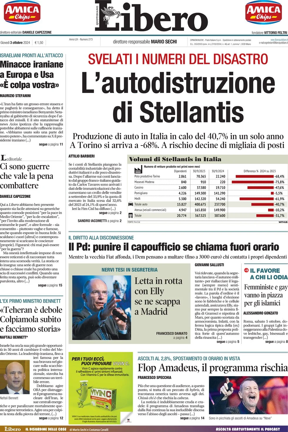 anteprima della prima pagina di libero-quotidiano del 03/10/2024