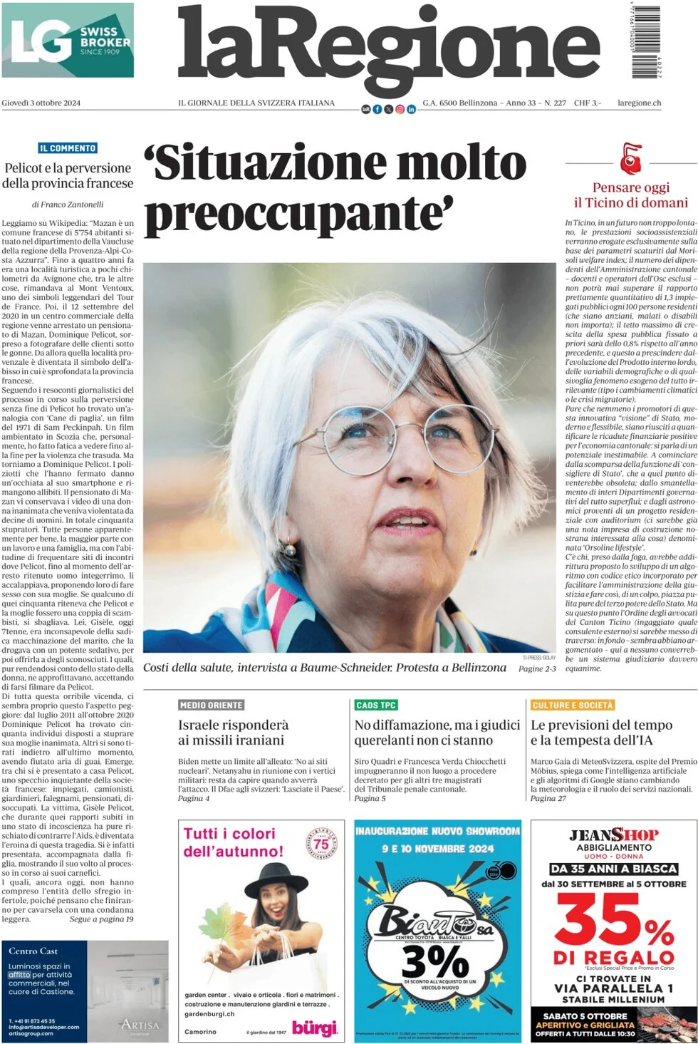 anteprima della prima pagina di la-regione del 03/10/2024