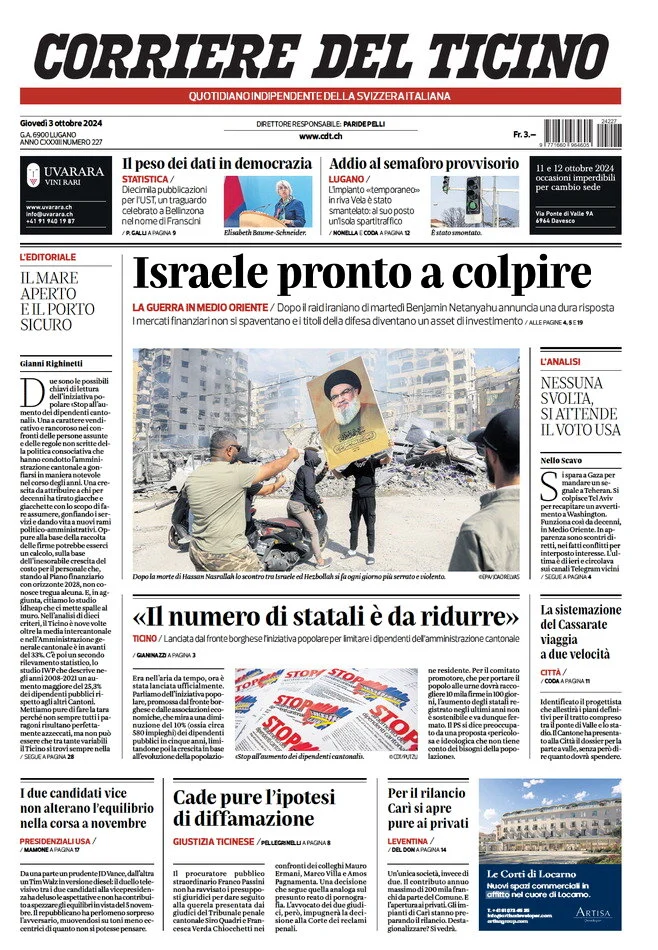 anteprima della prima pagina di corriere-del-ticino del 03/10/2024