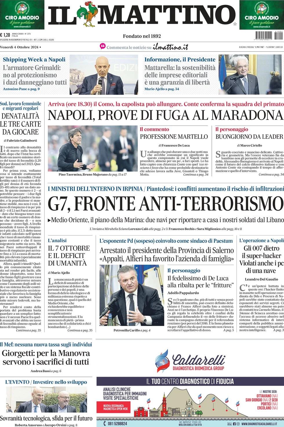 anteprima della prima pagina di il-mattino del 04/10/2024