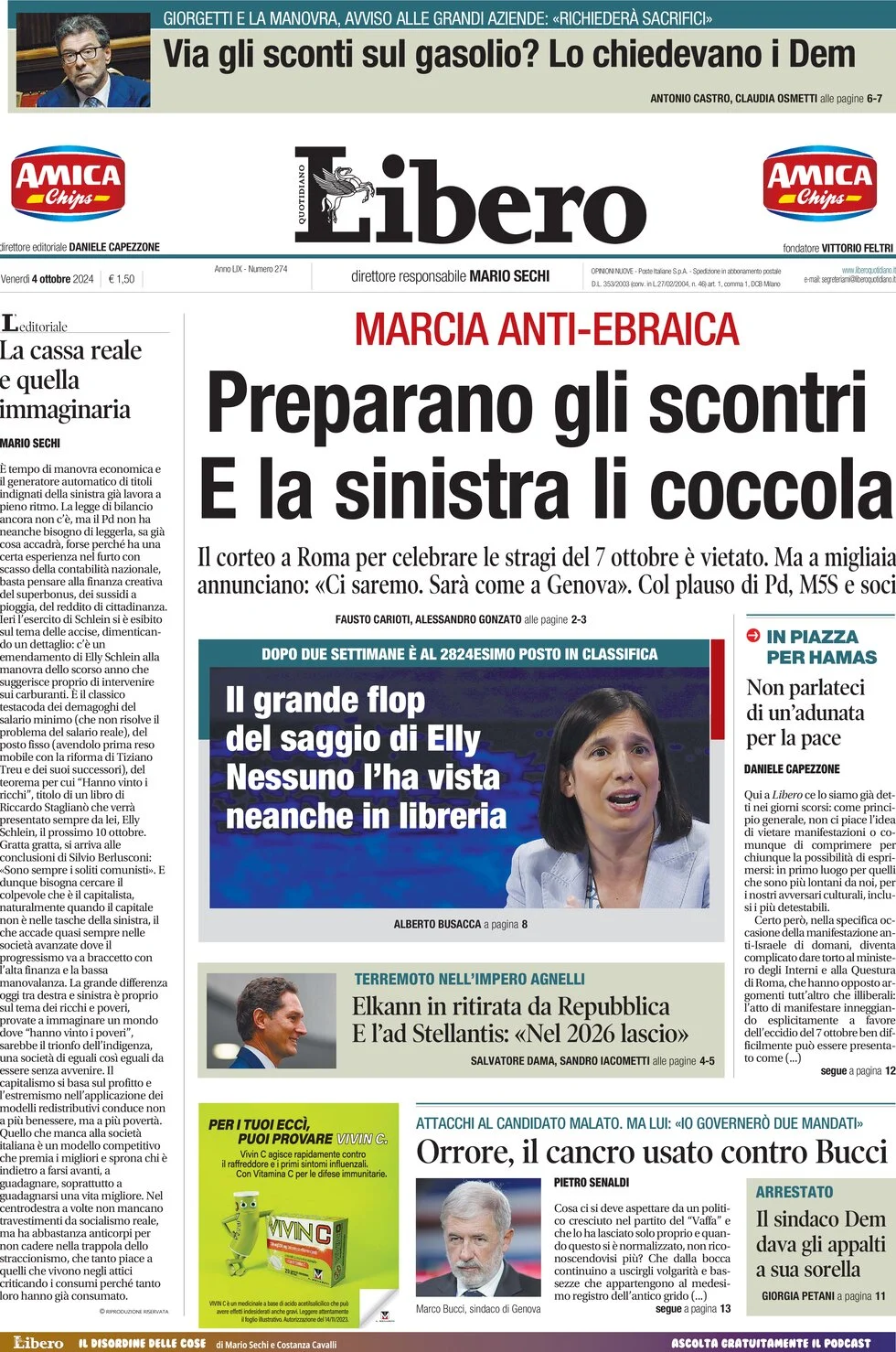 anteprima della prima pagina di libero-quotidiano del 04/10/2024