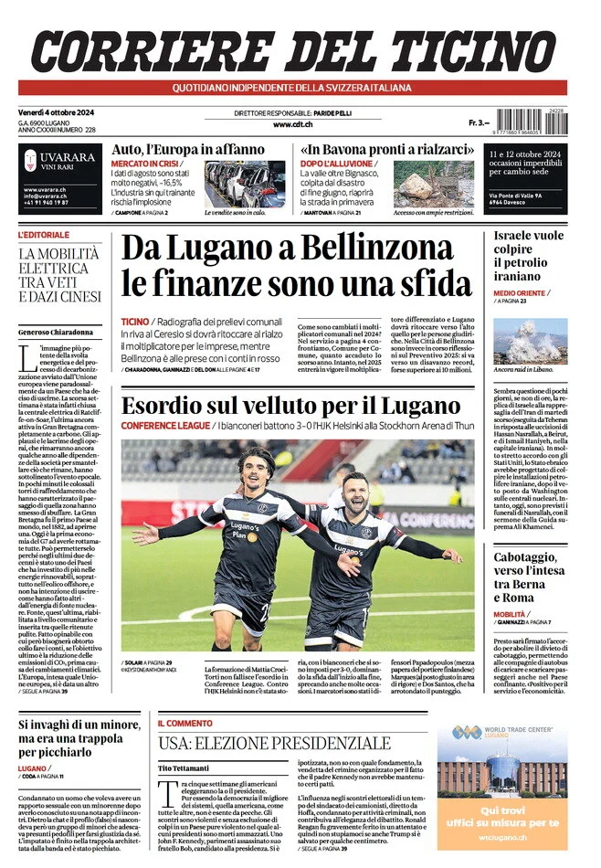 anteprima della prima pagina di corriere-del-ticino del 04/10/2024