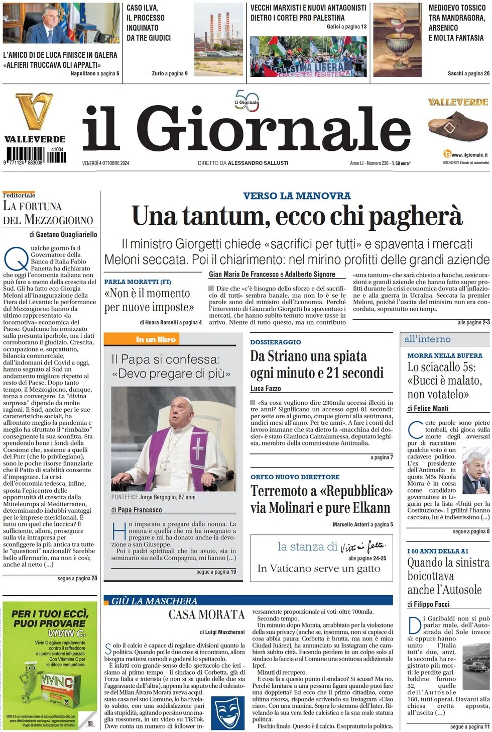 anteprima della prima pagina di il-giornale del 04/10/2024