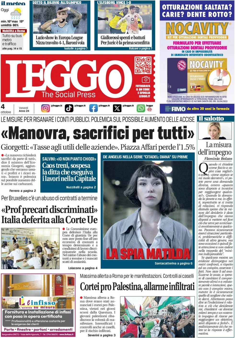 anteprima della prima pagina di leggo-roma del 04/10/2024