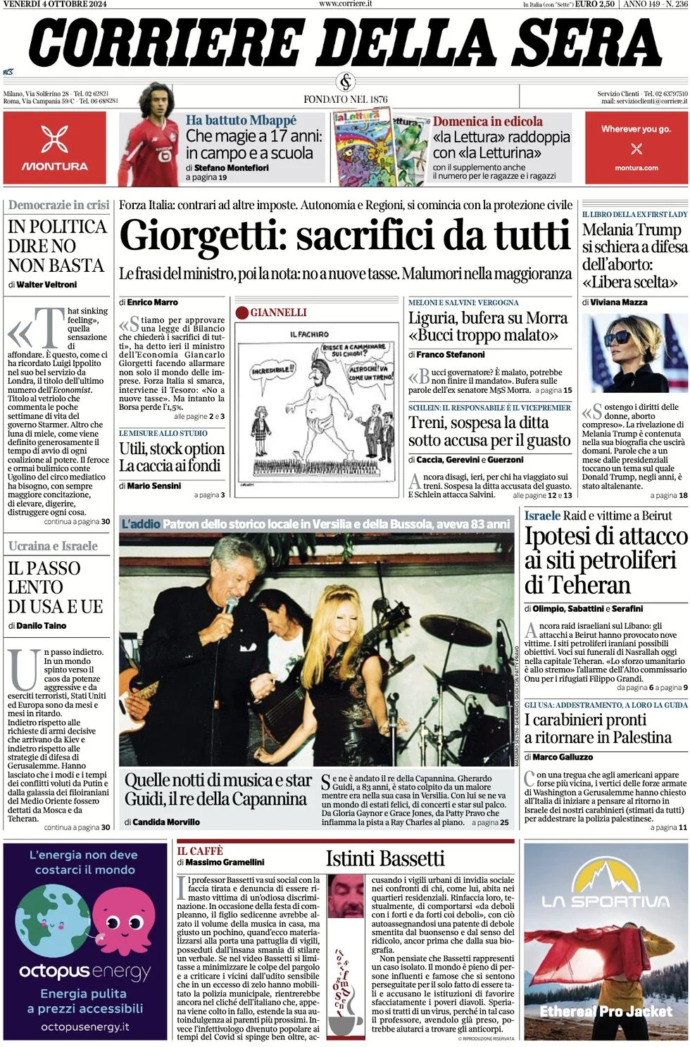 anteprima della prima pagina di corriere-della-sera del 04/10/2024