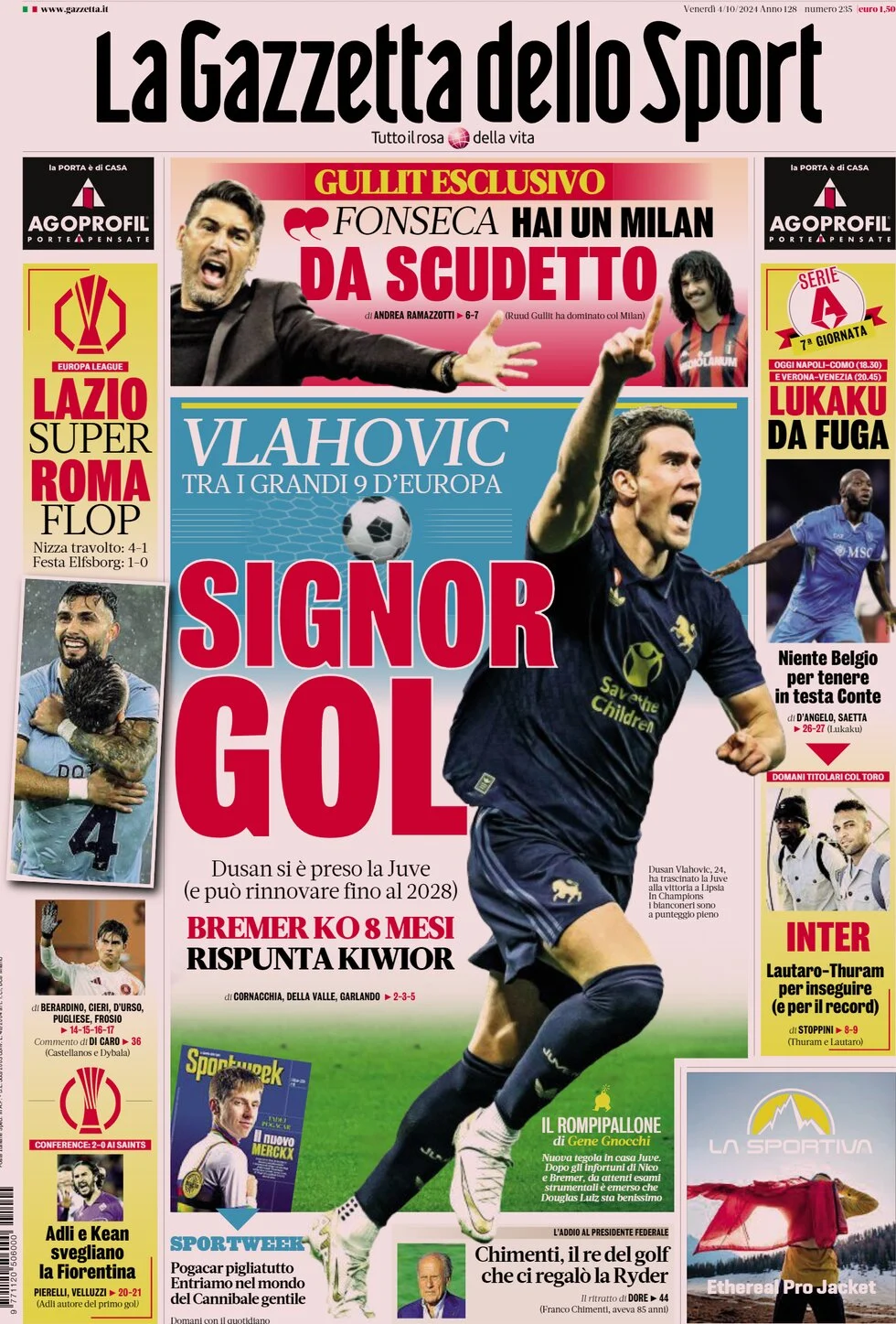 anteprima della prima pagina di la-gazzetta-dello-sport del 04/10/2024