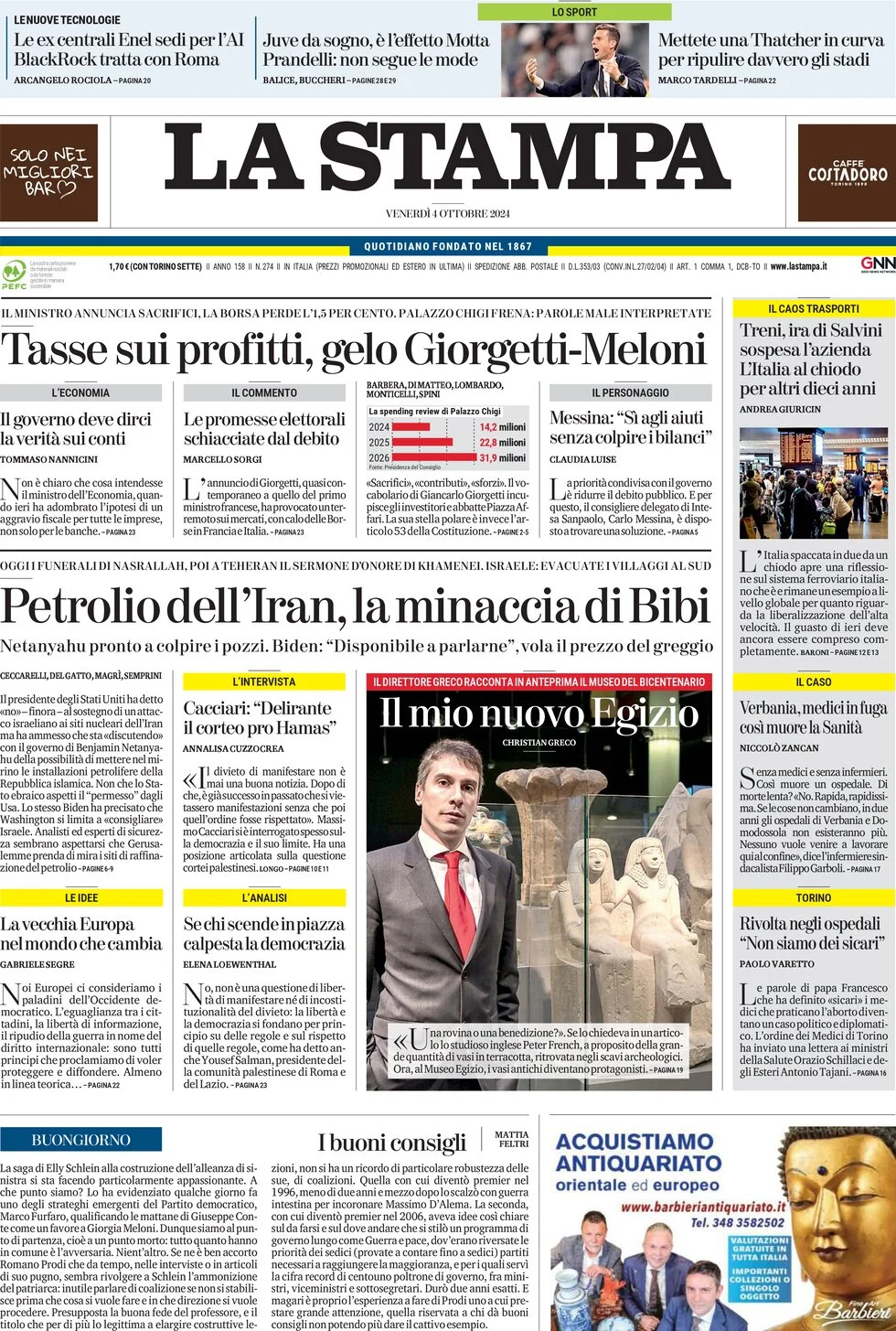 anteprima della prima pagina di la-stampa del 04/10/2024