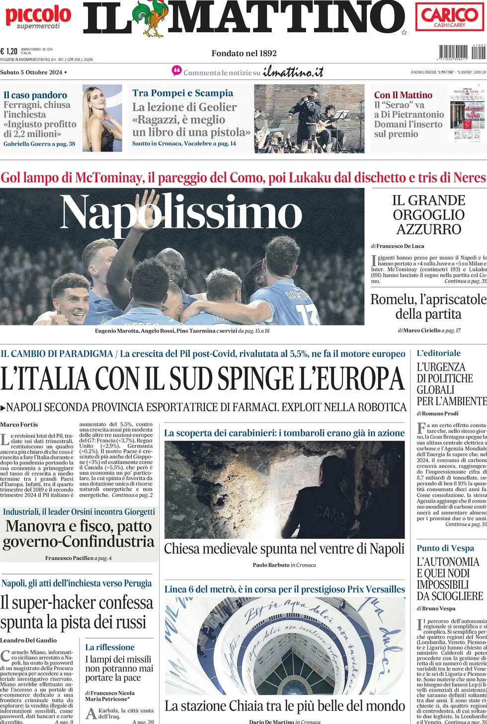 anteprima della prima pagina di il-mattino del 05/10/2024