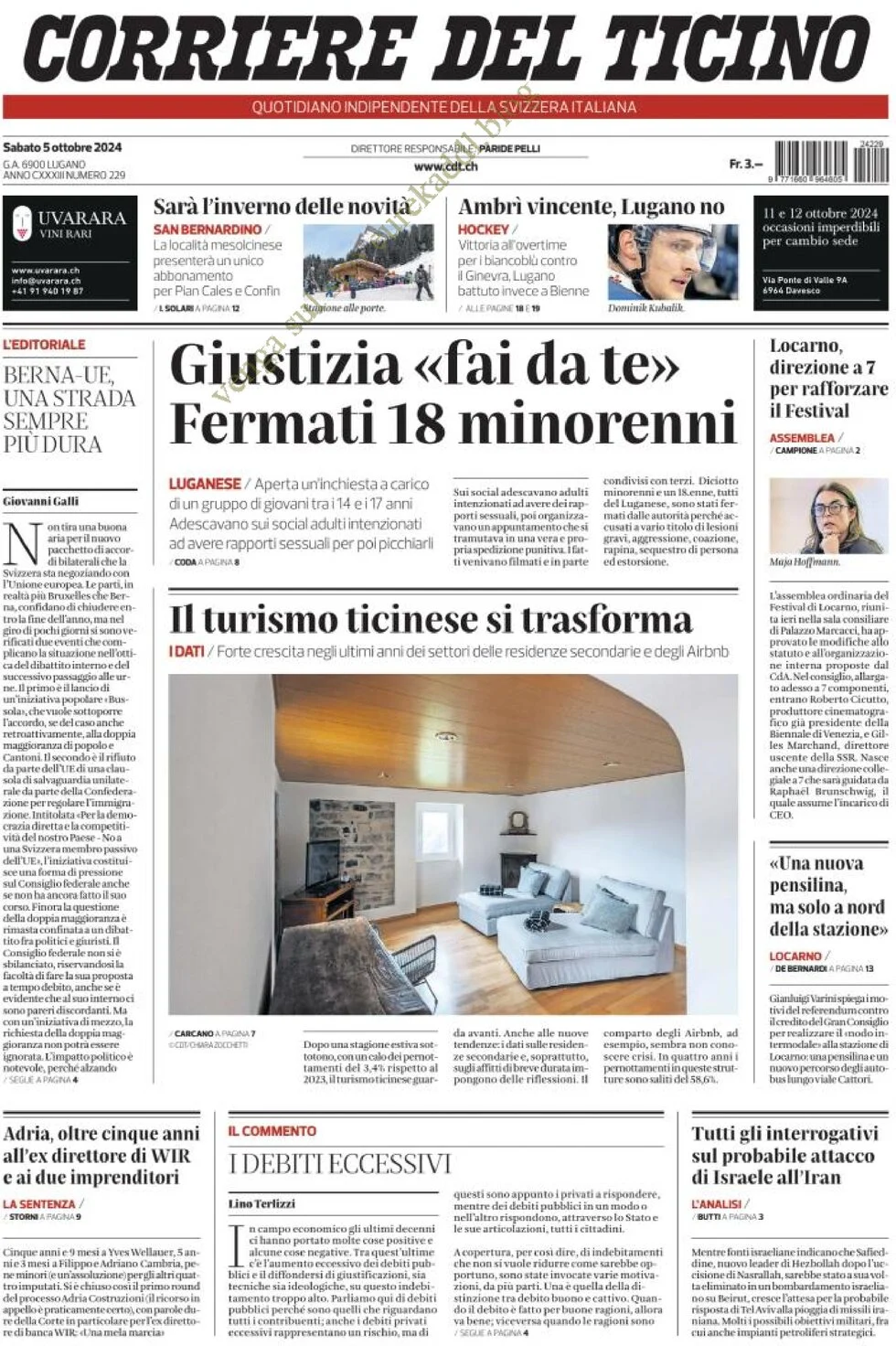 anteprima della prima pagina di corriere-del-ticino del 05/10/2024