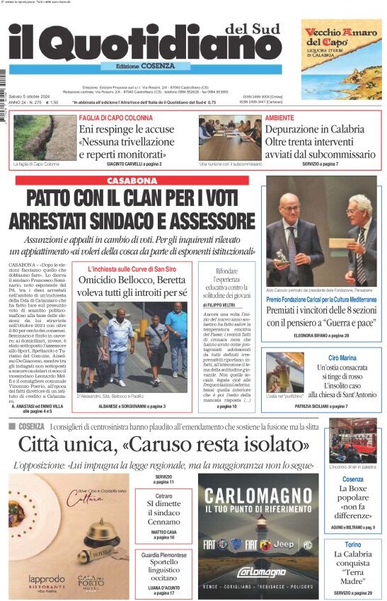 anteprima della prima pagina di il-quotidiano-del-sud-cosenza del 05/10/2024