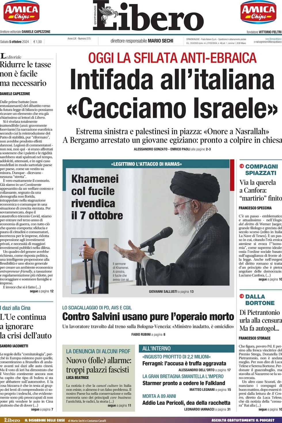 anteprima della prima pagina di libero-quotidiano del 05/10/2024