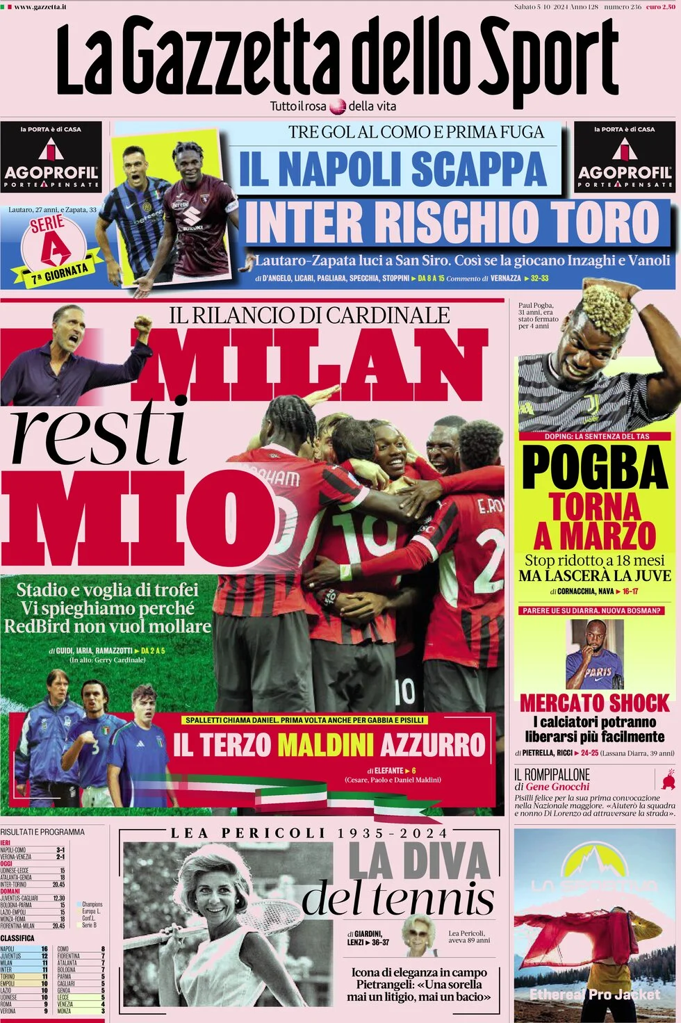 anteprima della prima pagina di la-gazzetta-dello-sport del 05/10/2024