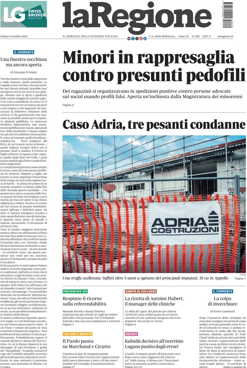 anteprima della prima pagina di la-regione del 05/10/2024