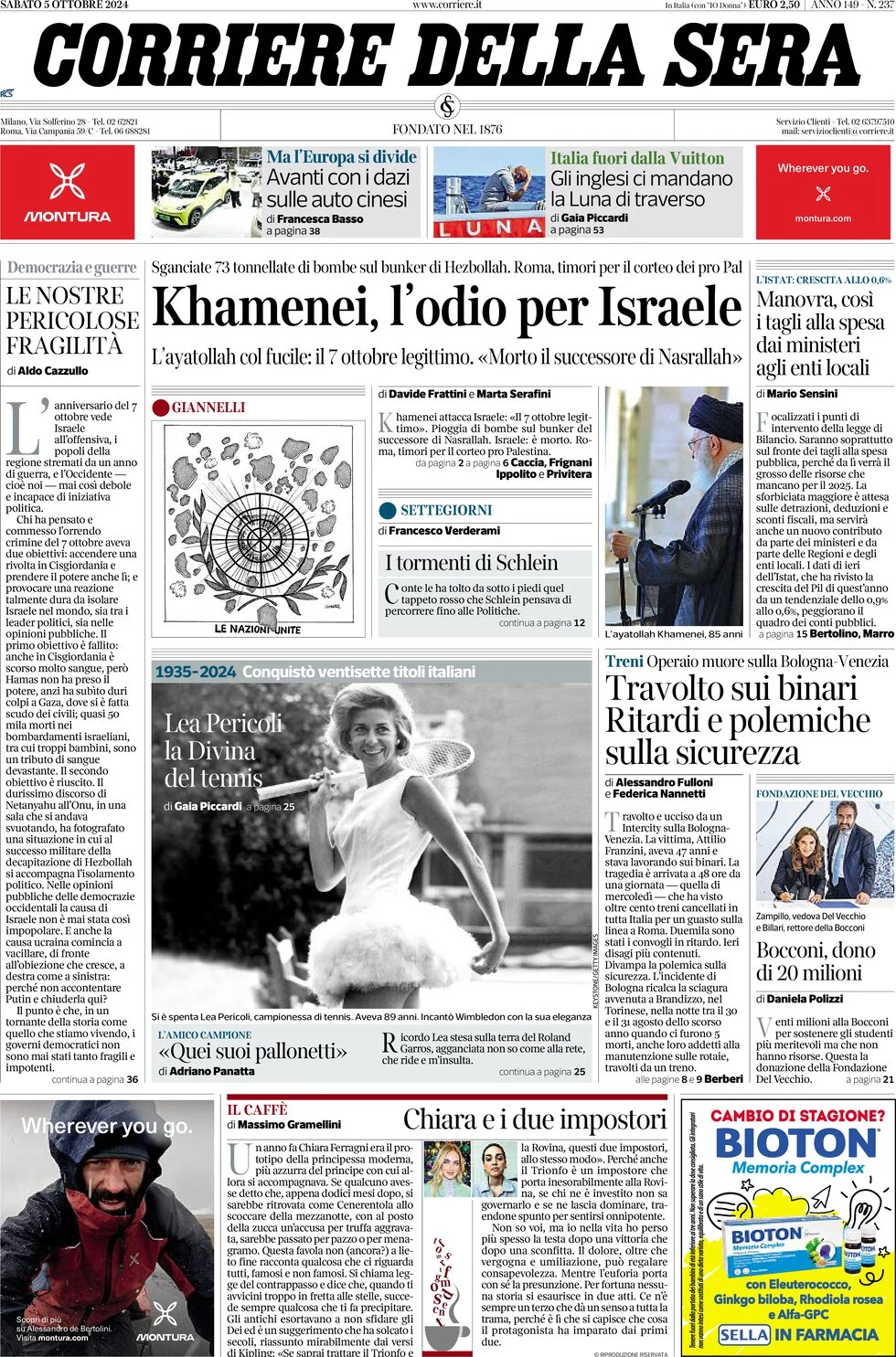 anteprima della prima pagina di corriere-della-sera del 05/10/2024