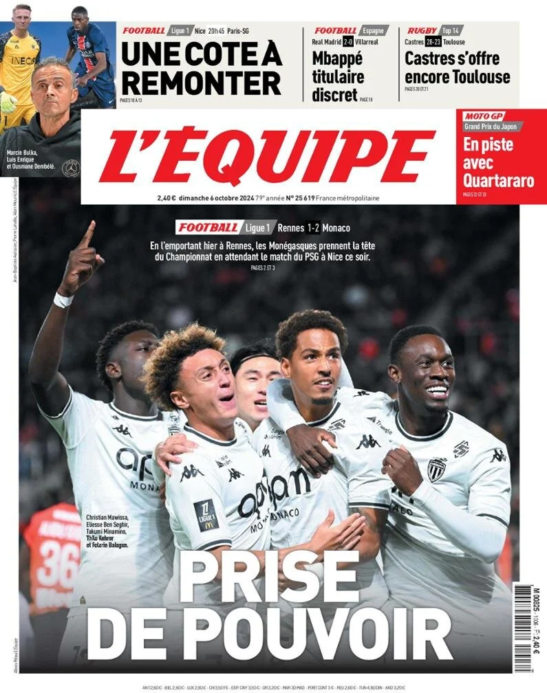 anteprima della prima pagina di lequipe del 06/10/2024