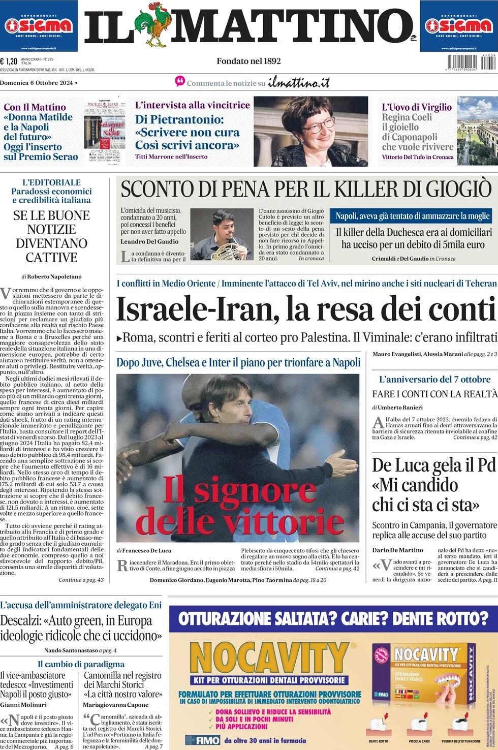 anteprima della prima pagina di il-mattino del 06/10/2024