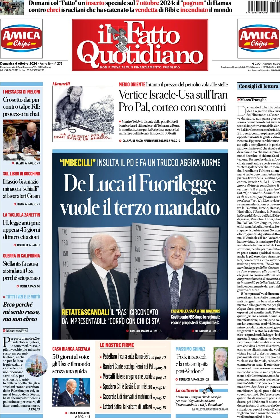 anteprima della prima pagina di il-fatto-quotidiano del 06/10/2024