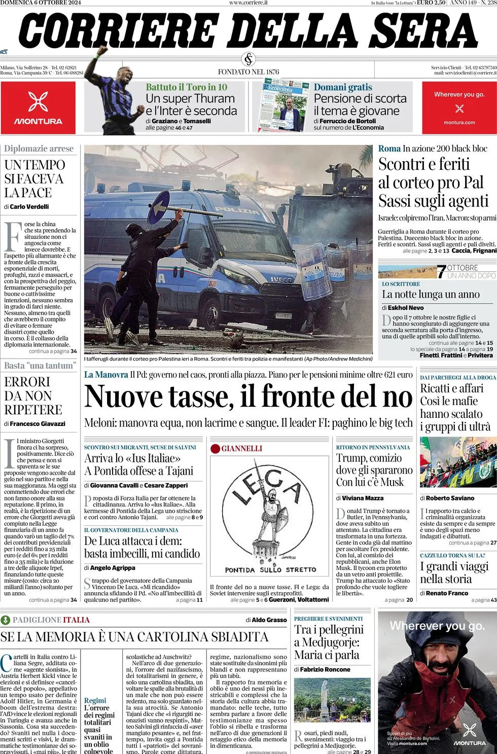 anteprima della prima pagina di corriere-della-sera del 06/10/2024