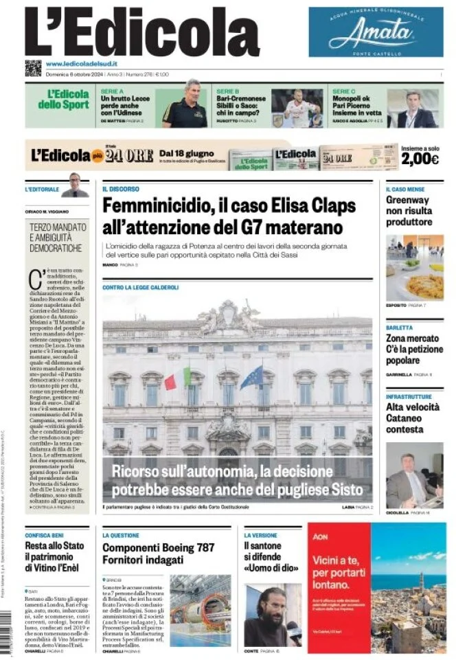 anteprima della prima pagina di ledicola-del-sud-bari,-foggia,-basilicata del 06/10/2024
