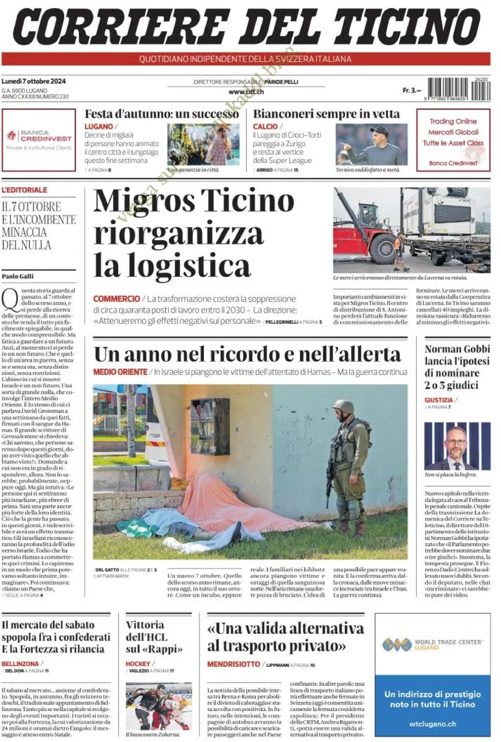 anteprima della prima pagina di corriere-del-ticino del 07/10/2024