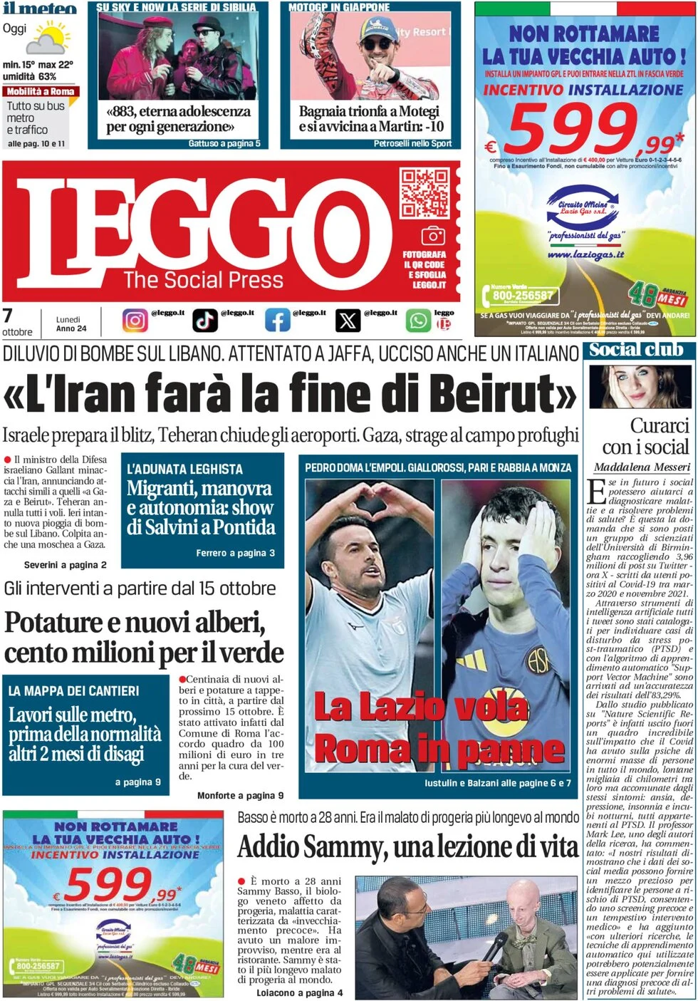 anteprima della prima pagina di leggo-roma del 07/10/2024