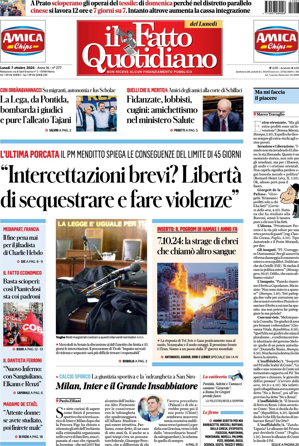 anteprima della prima pagina di il-fatto-quotidiano del 07/10/2024