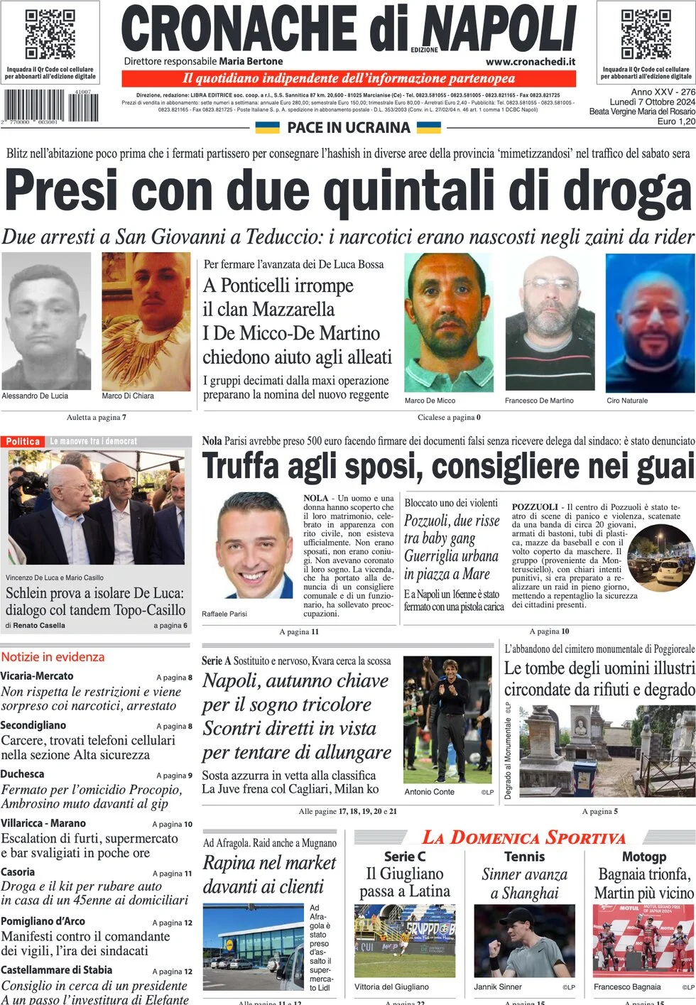 anteprima della prima pagina di cronache-di-napoli del 07/10/2024