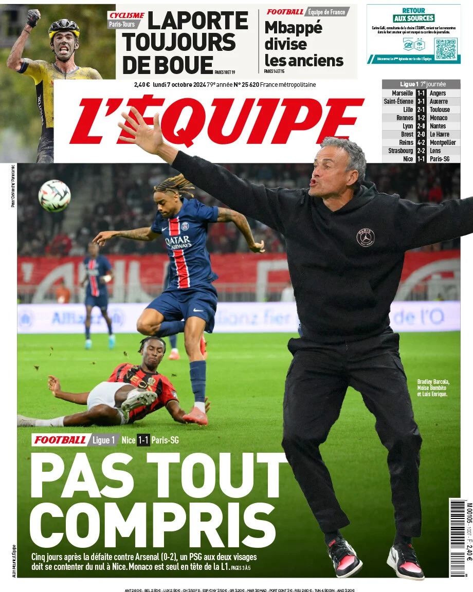 anteprima della prima pagina di lequipe del 07/10/2024