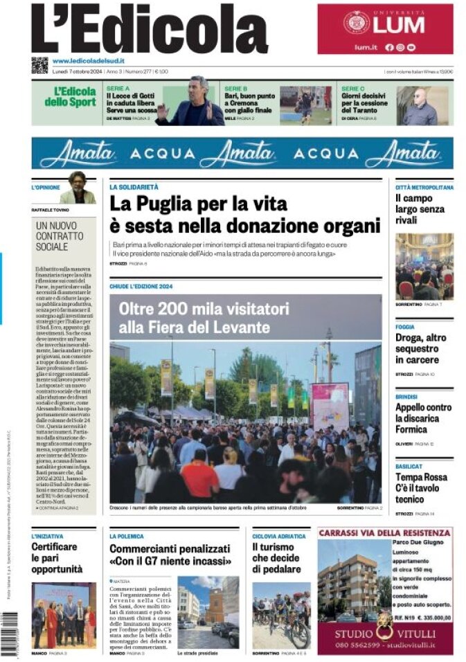 anteprima della prima pagina di ledicola-del-sud-bari,-foggia,-basilicata del 07/10/2024