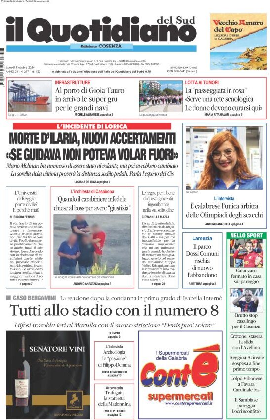 anteprima della prima pagina di il-quotidiano-del-sud-cosenza del 07/10/2024