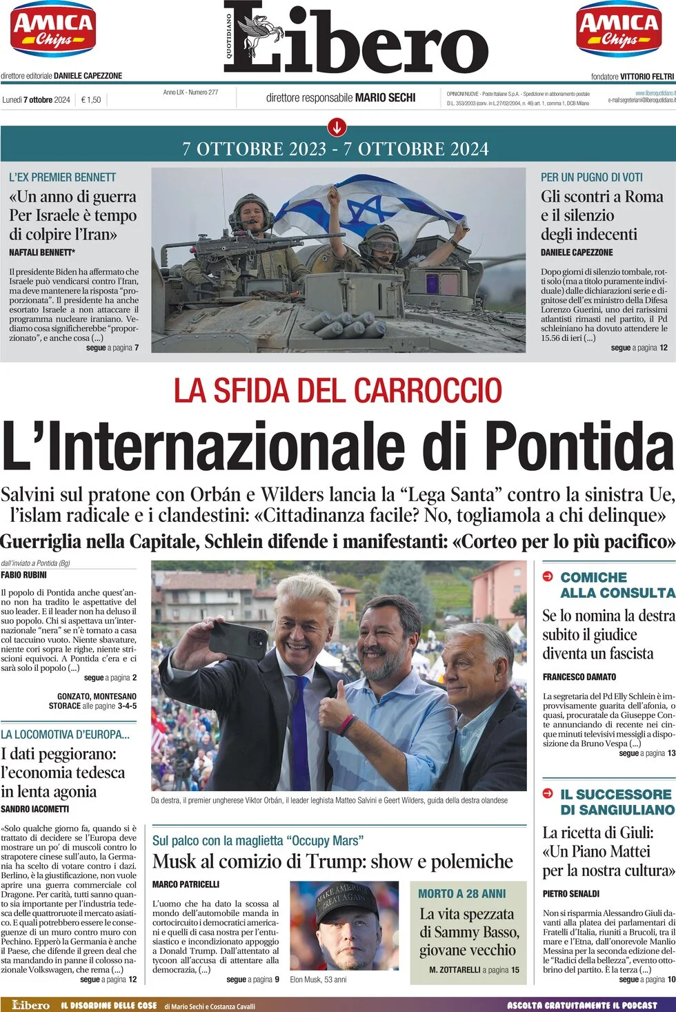 anteprima della prima pagina di libero-quotidiano del 07/10/2024