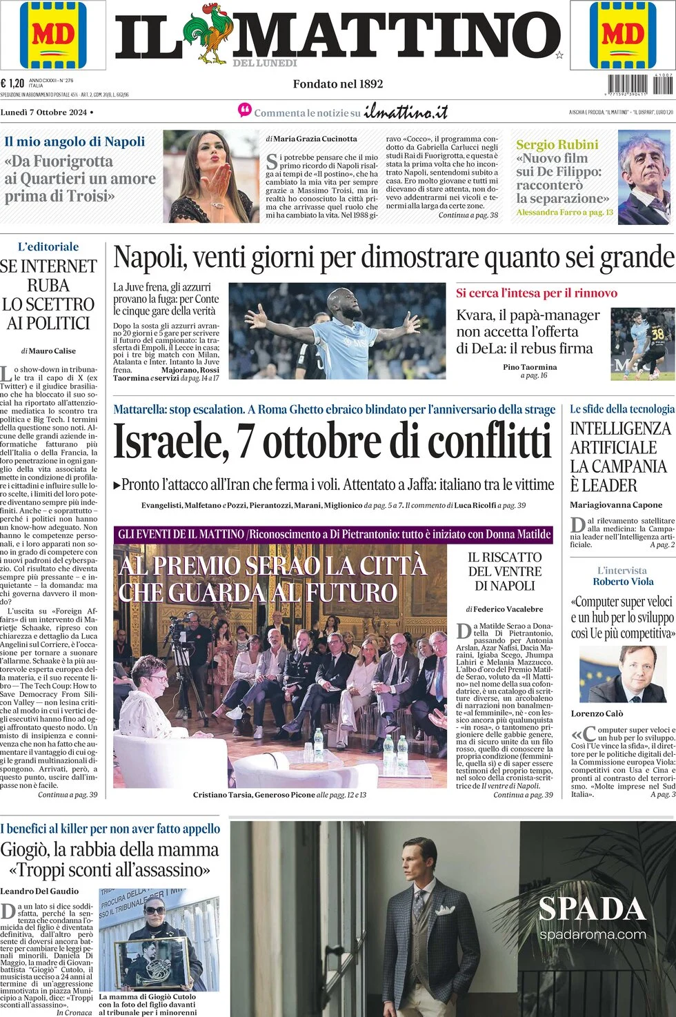 anteprima della prima pagina di il-mattino del 07/10/2024