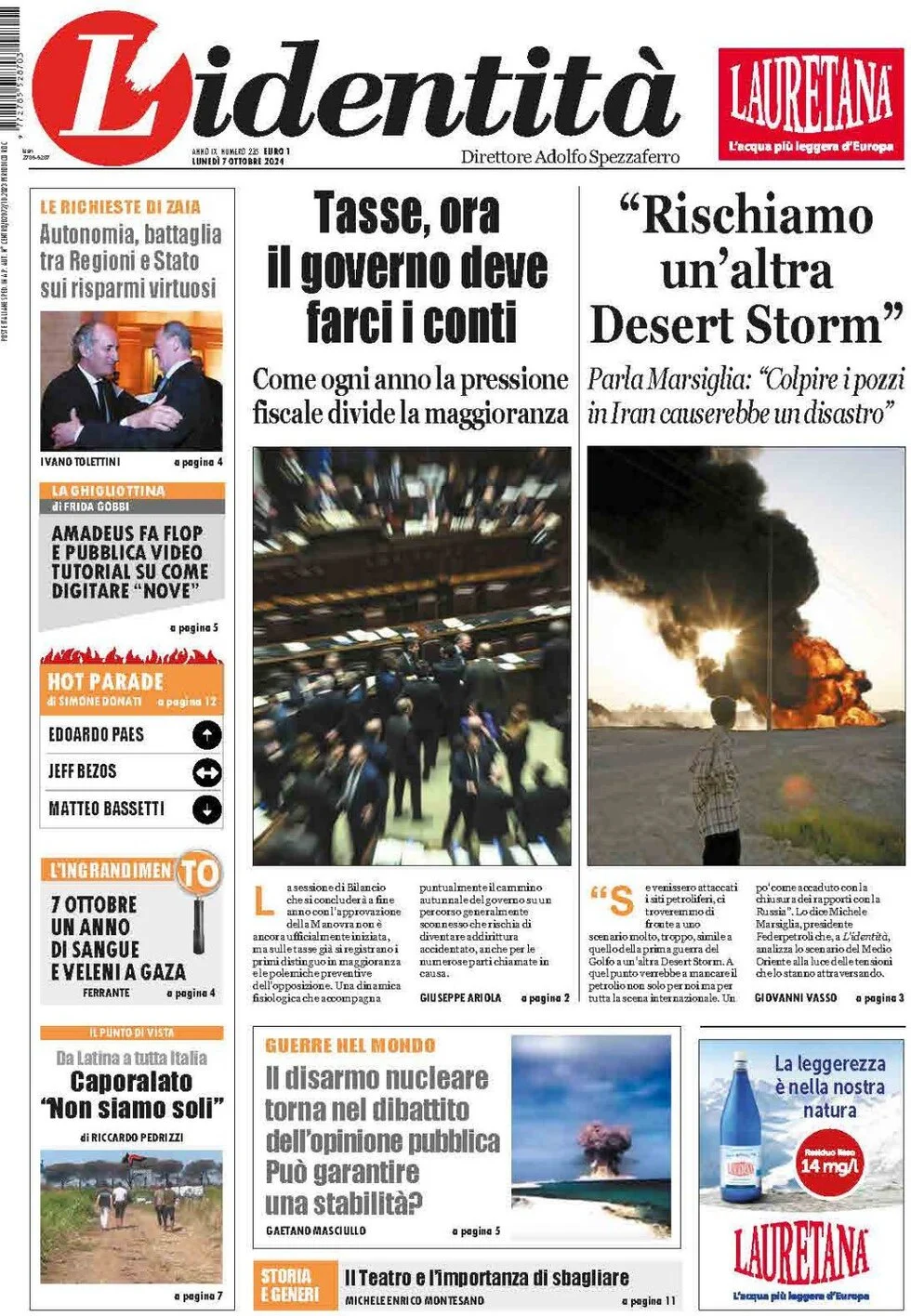 anteprima della prima pagina di lidentit del 07/10/2024